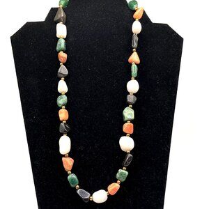 Vintage 23" 1970s Tumbled Stone Necklace Aventurine Quartz, Jasper,  Boho Hippie
